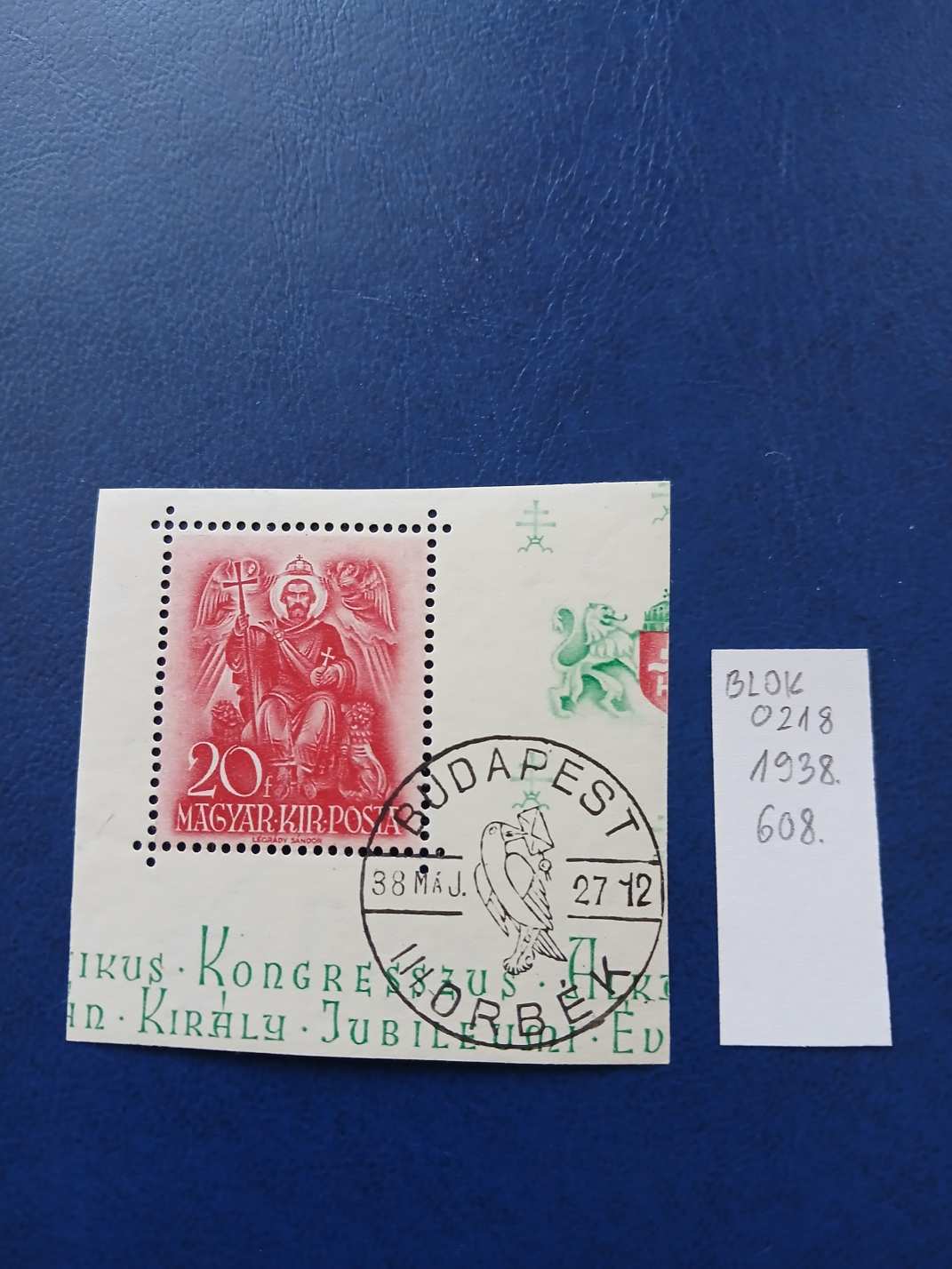 BLOK0218 Magyar bélyeg blokk ORBÉK 1938 608 pecsetelt