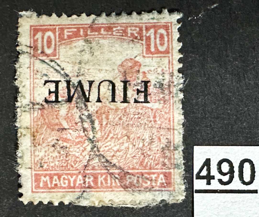 MAGYARORSZÁG 1918 FIUME OLASZ MEGSZÁLLÁS FEHÉRSZÁMÚ ARATÓ 10 FILLÉR FORDITOTT TVNY.  BÉLYEG