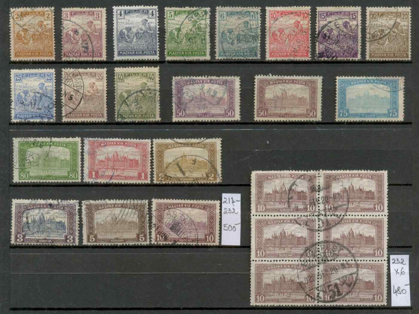 M52 - 1916. Arató - Parlament bélyegsorozat, MBK 214-232, pecsételt