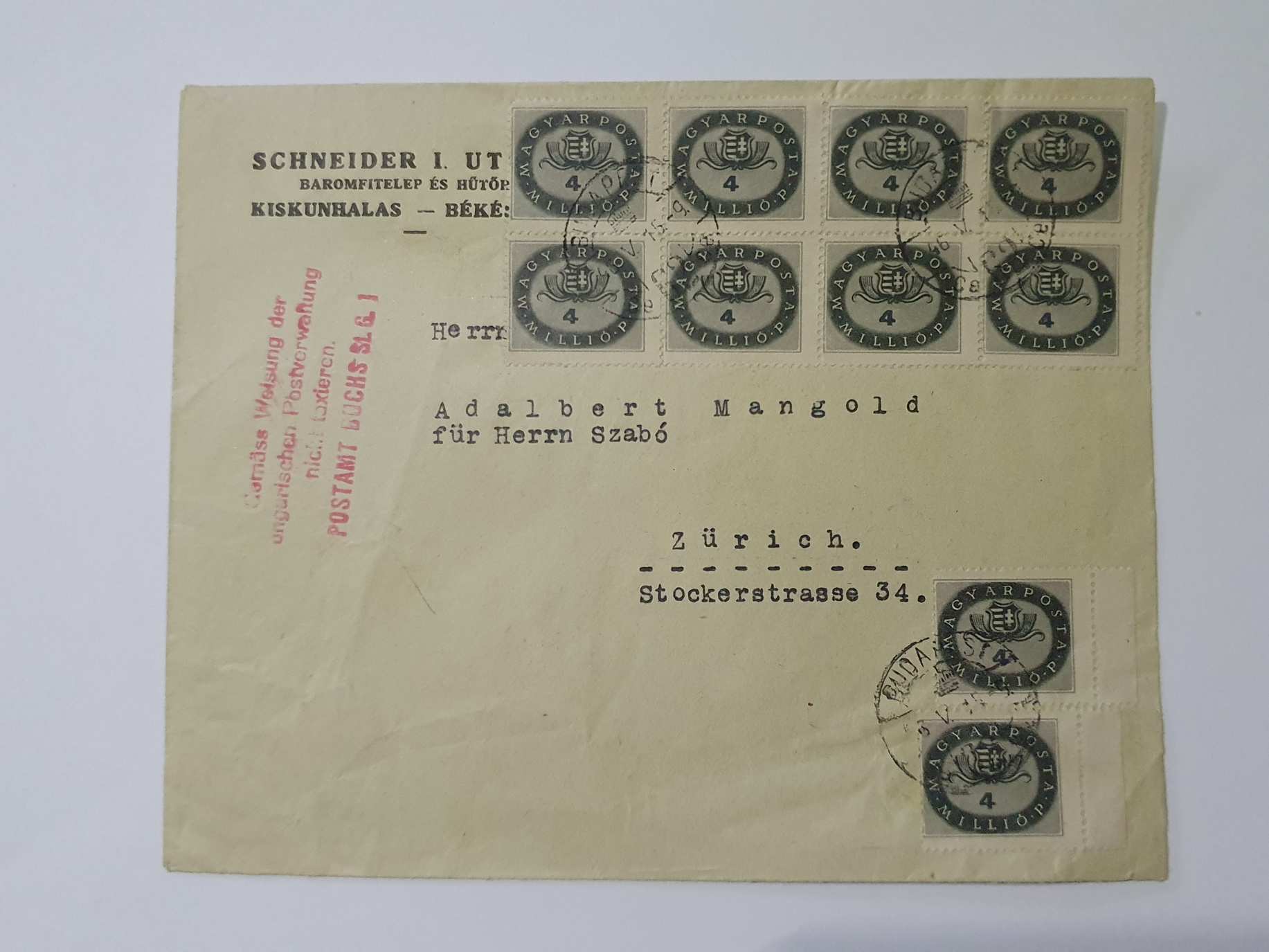 1946 Inflacios Boritek zurick-be 40 millio p zurich-i pecsettel