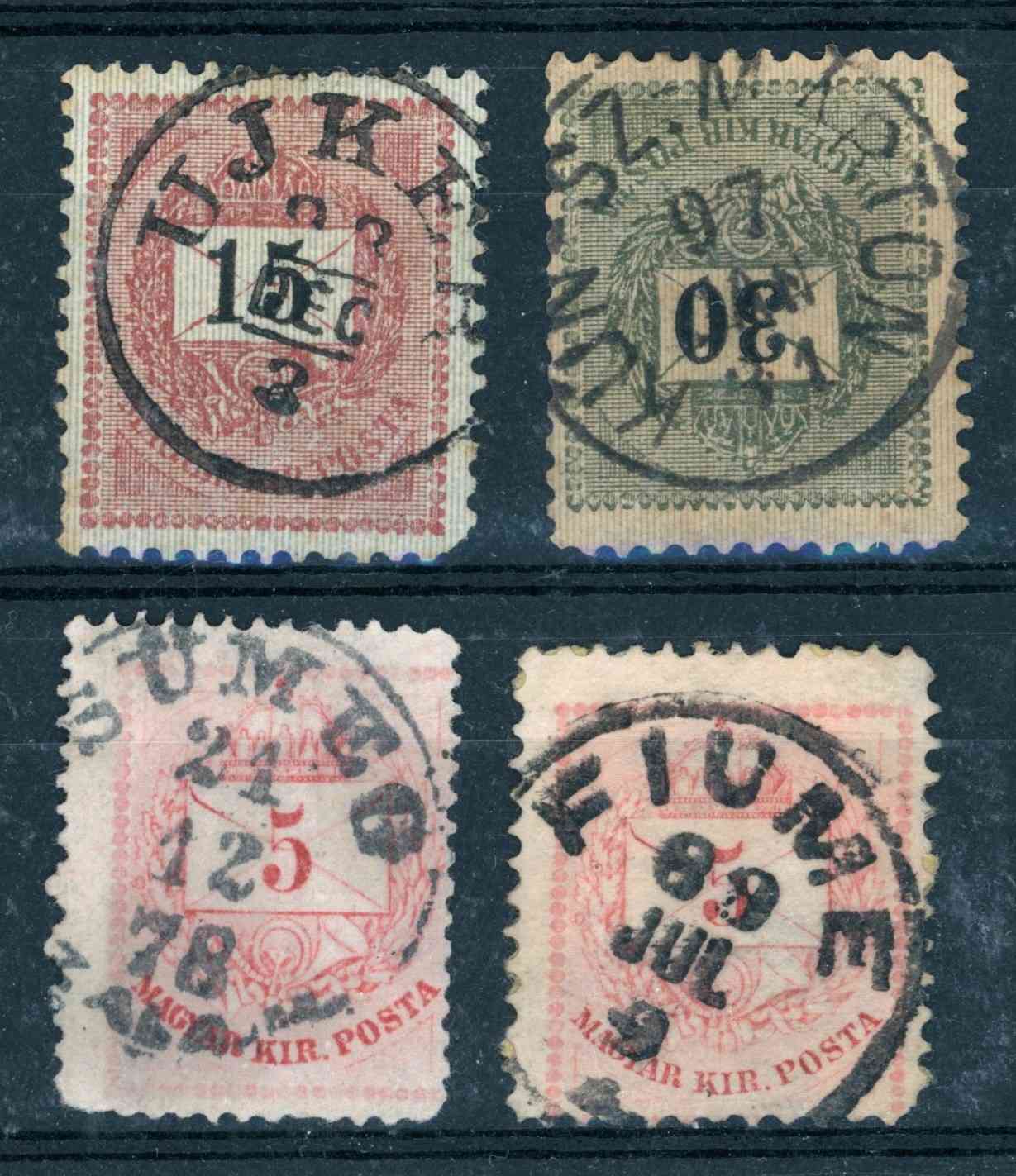 1874+ krajcáros bélyegzések UJKÉR + KUN-SZ.-MÁRTON + SÜMEG / ZALA.M. + FIUME Gudlin 150p (e80)