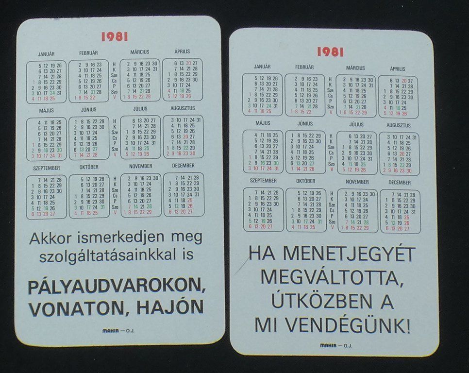 2 db utasellátó kártyanaptár 1981