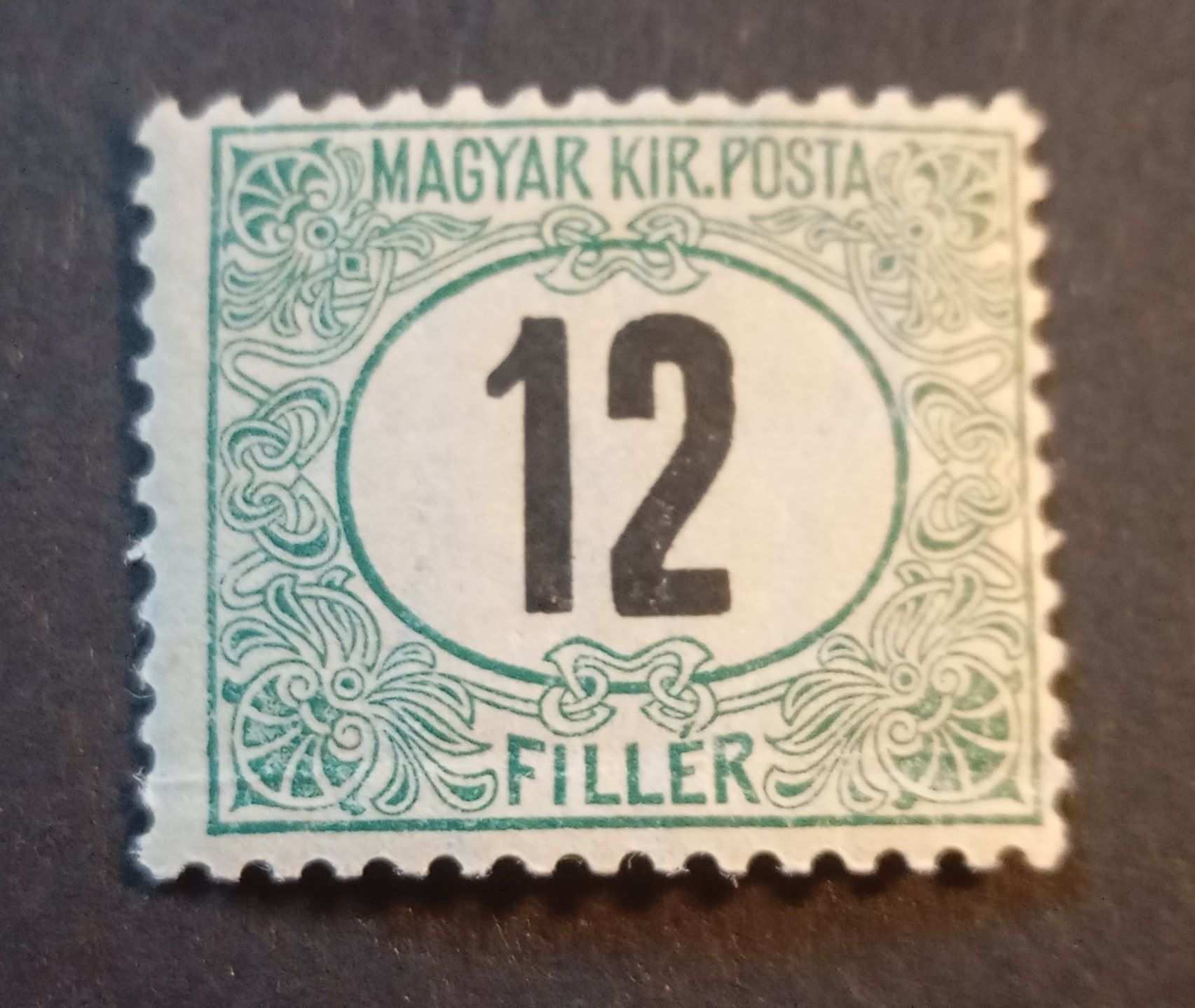 Magyarország 1903 Zöldportó A, 12 f * falcos, 4000 Ft kat. érték, törés H