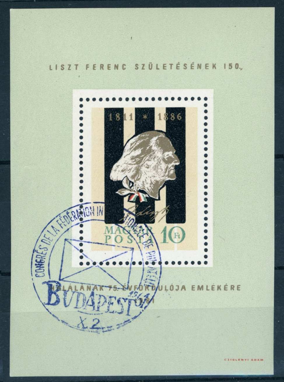 1961 LISZT FERENC pecsételt enyvezett ** blokk MPIK 2.500 Ft (e45)