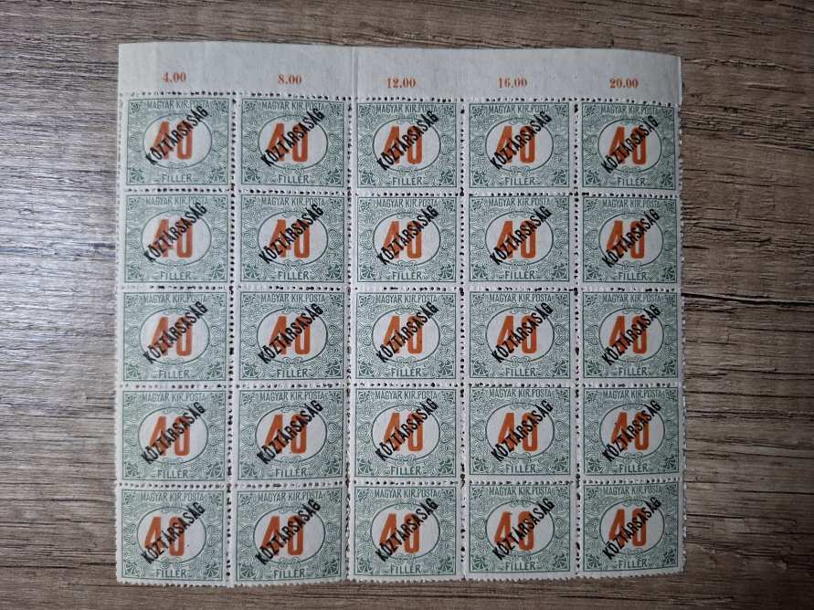 1919-es Köztársaság 40 filléres 25-ös ívszéli összefüggésben**