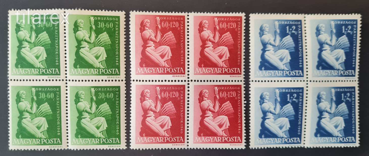 Magyar bélyeg négyestömb 1946 Parasztnapok ( MBK 1006-08** 13.200 Ft ) négyes tömb