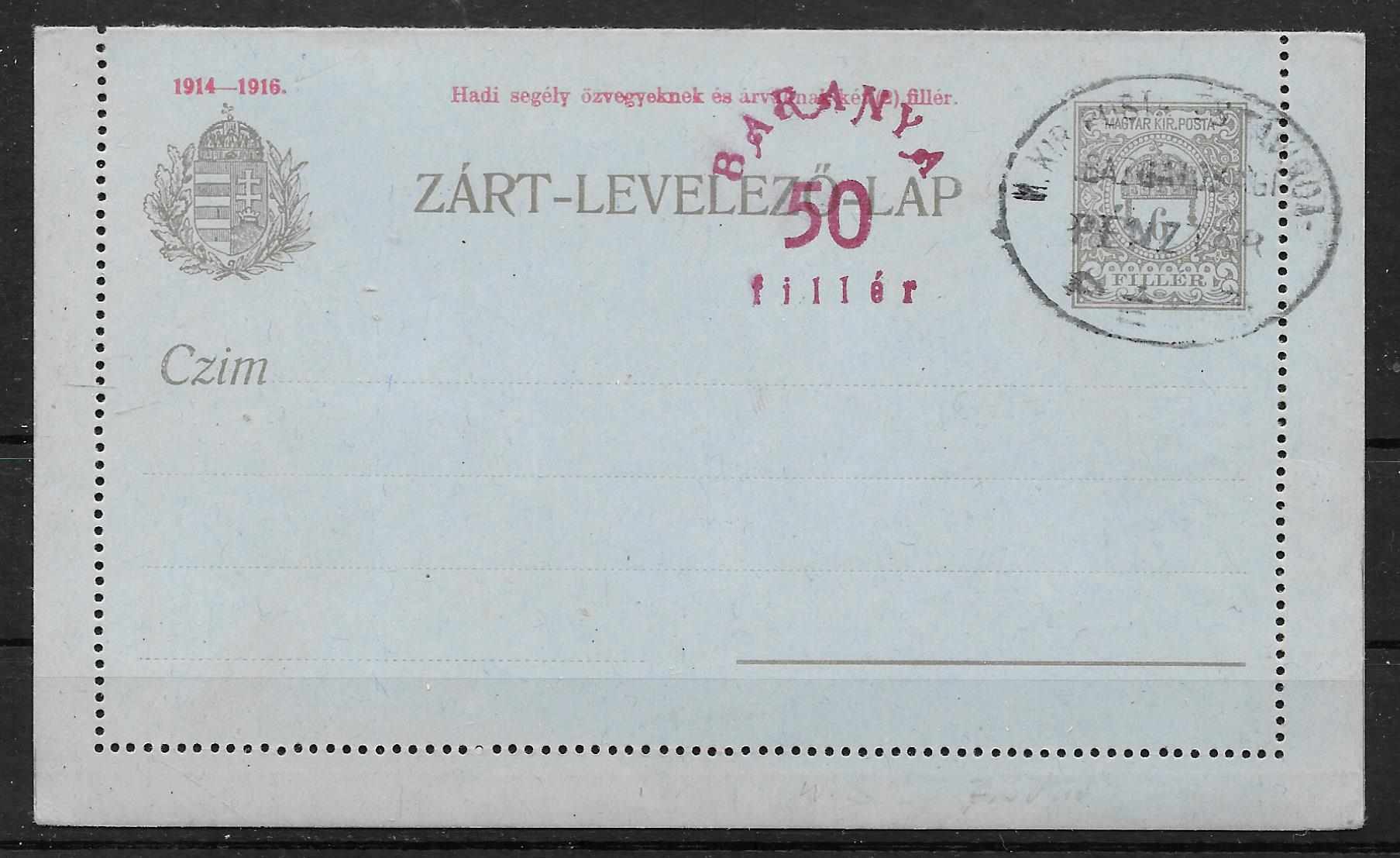 1919. BARANYA 50 fillér fny. 1914-16.Hadisegély 6 f+2 f  zárt levlap , postatiszta