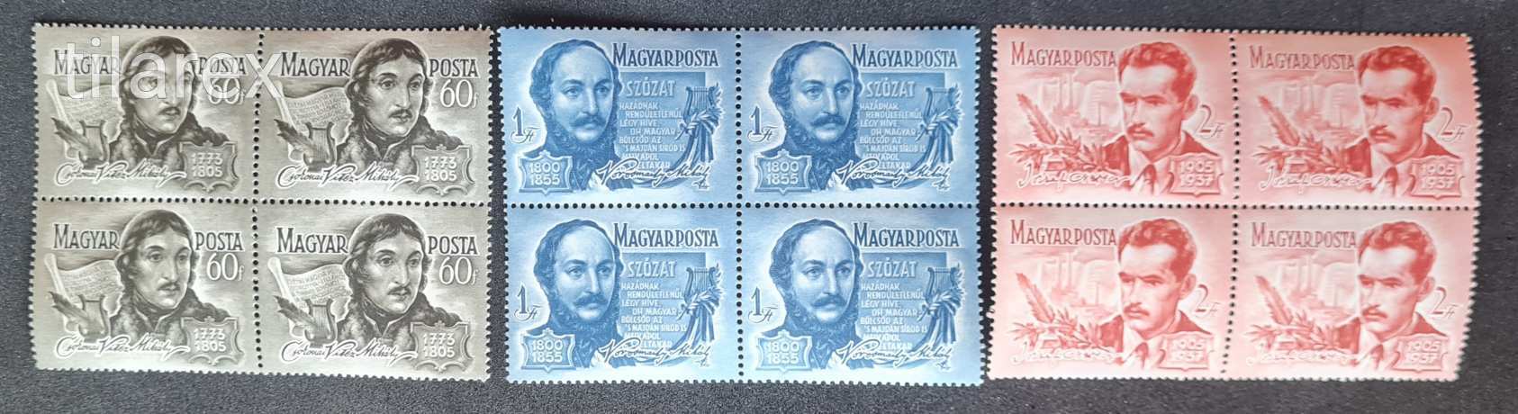 Magyar bélyeg négyestömb 1955 Költők ( MBK 1506-08** kb. 4-8.000 Ft )