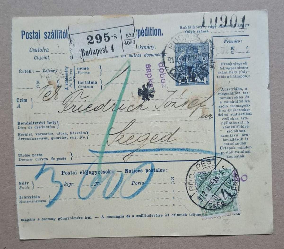 Szeged-Budapest 1912 postai szállító Friedrich József