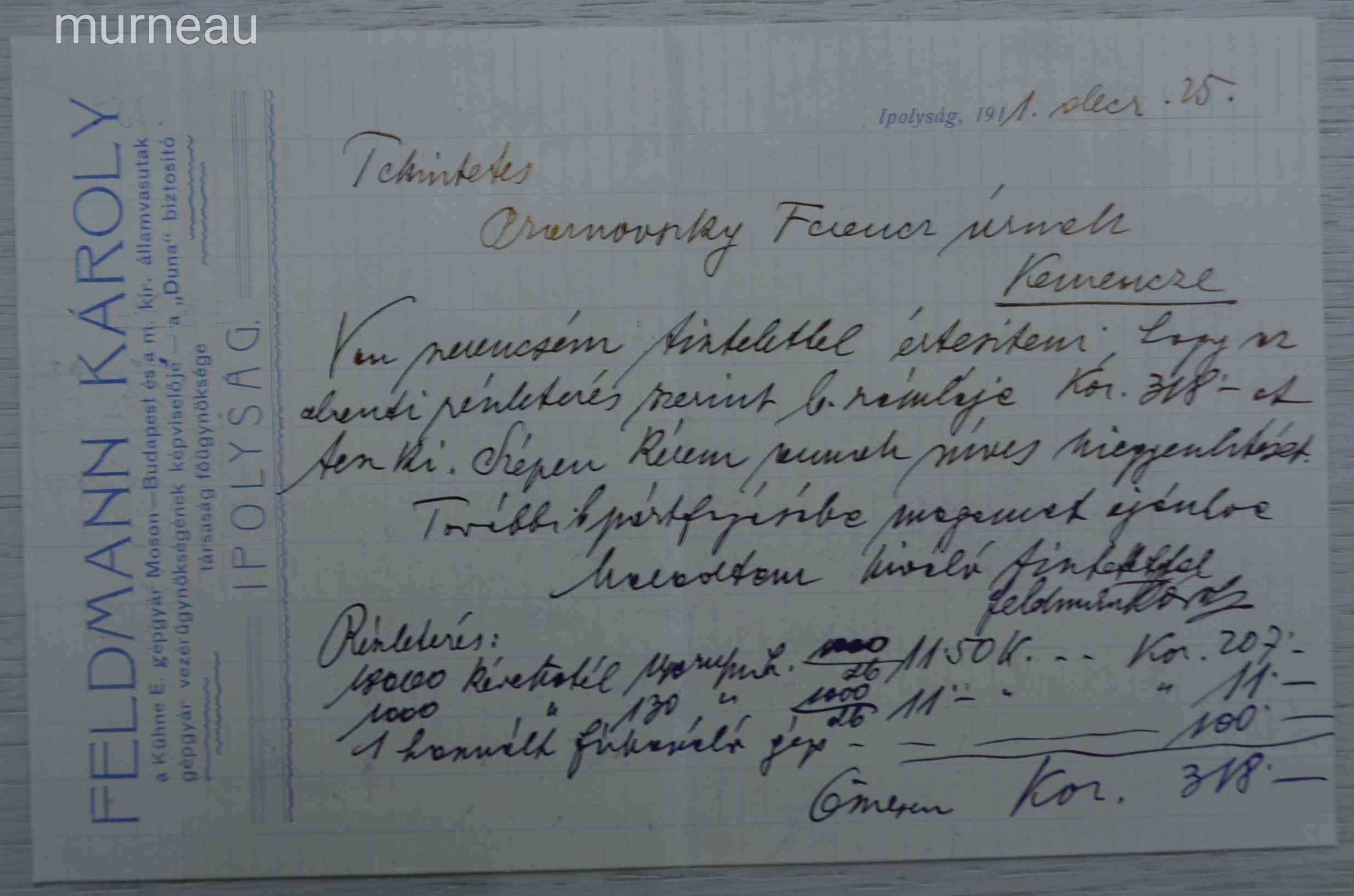 Felvidék, Ipolyság, Céges levél, 1911
