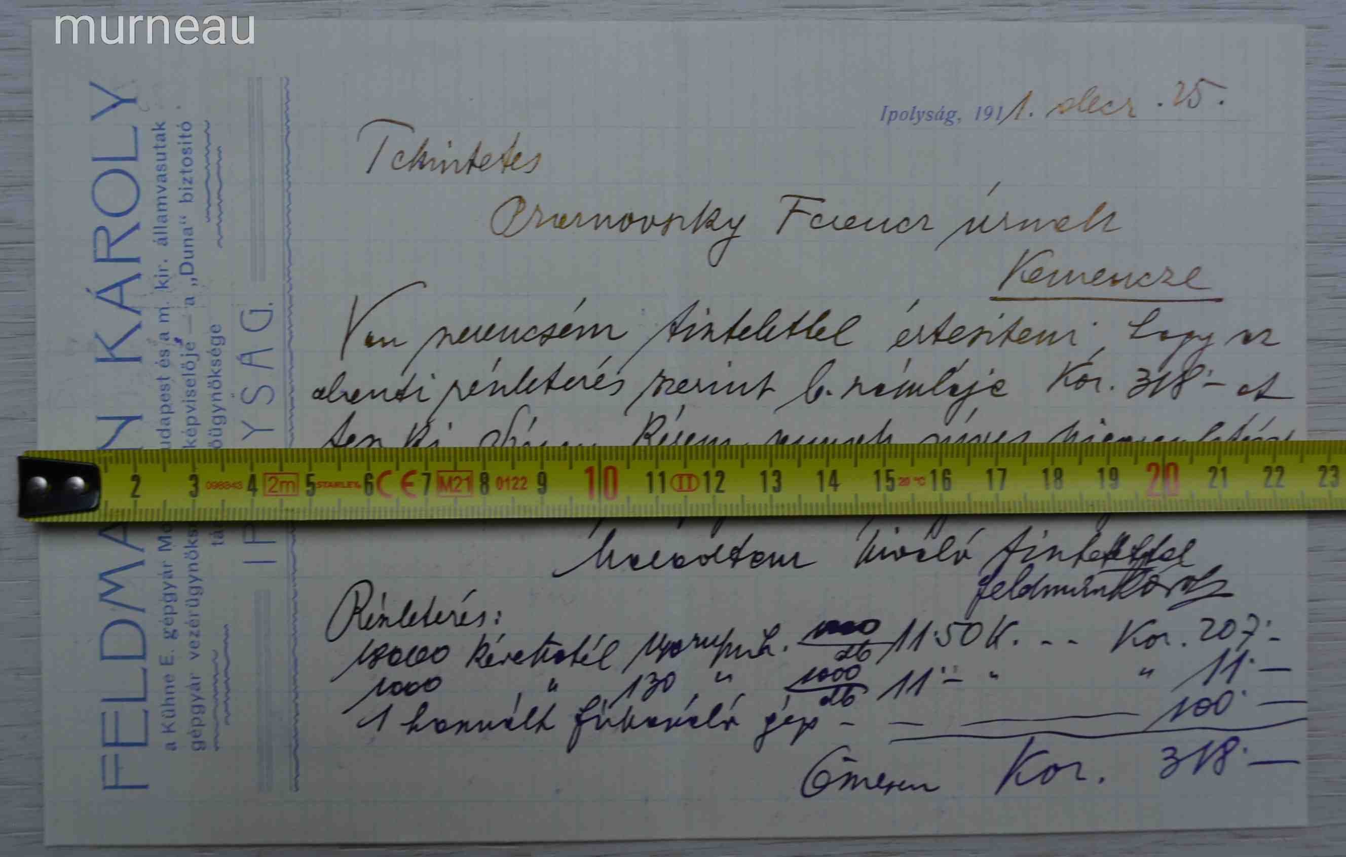 Felvidék, Ipolyság, Céges levél, 1911