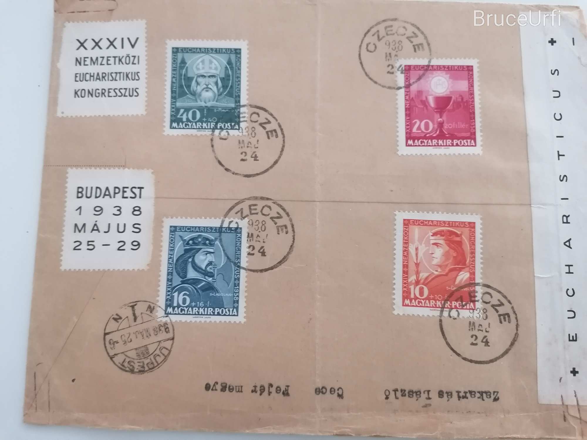 Eucharisztikus Kongresszus 1938 bélyegek boritékon CZECZE bélyegzéssel!
