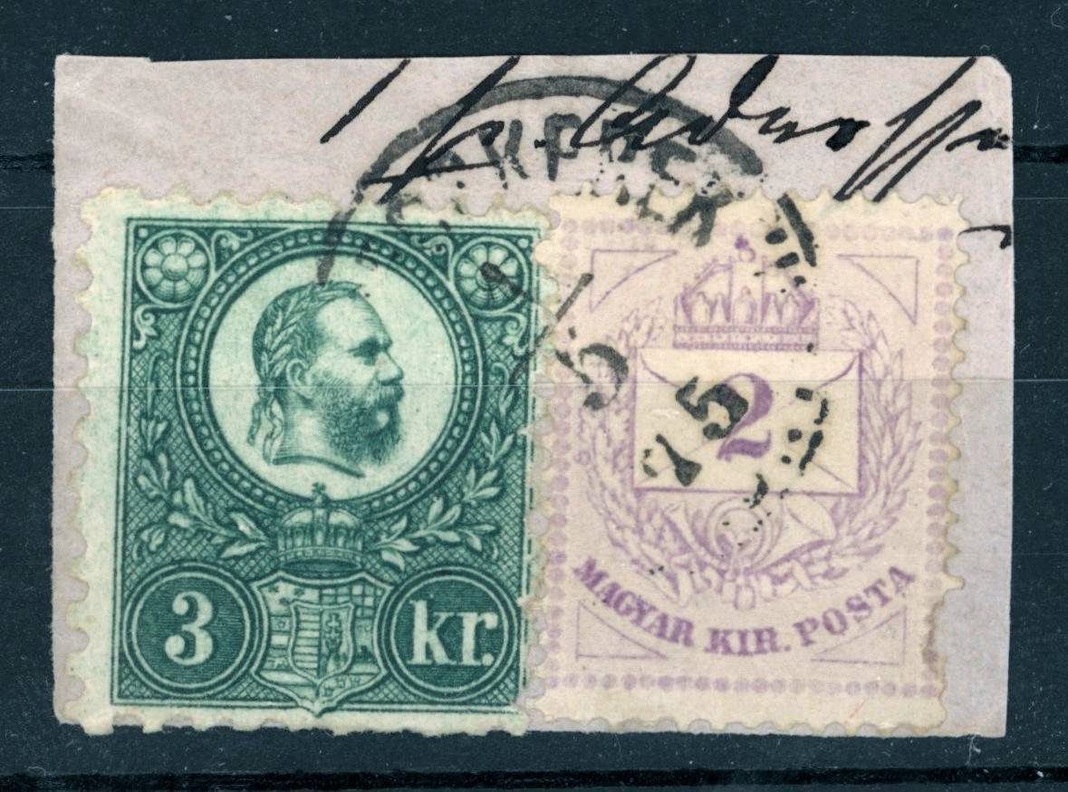 1871 / 1874 vegyes bérmentesítés kivágáson 1871 réznyomat 3kr + 1874 2kr (e78)