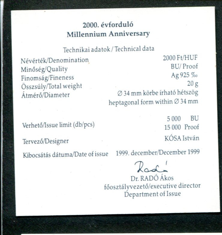 1999-2000 Millennium  MNB tanúsítvány
