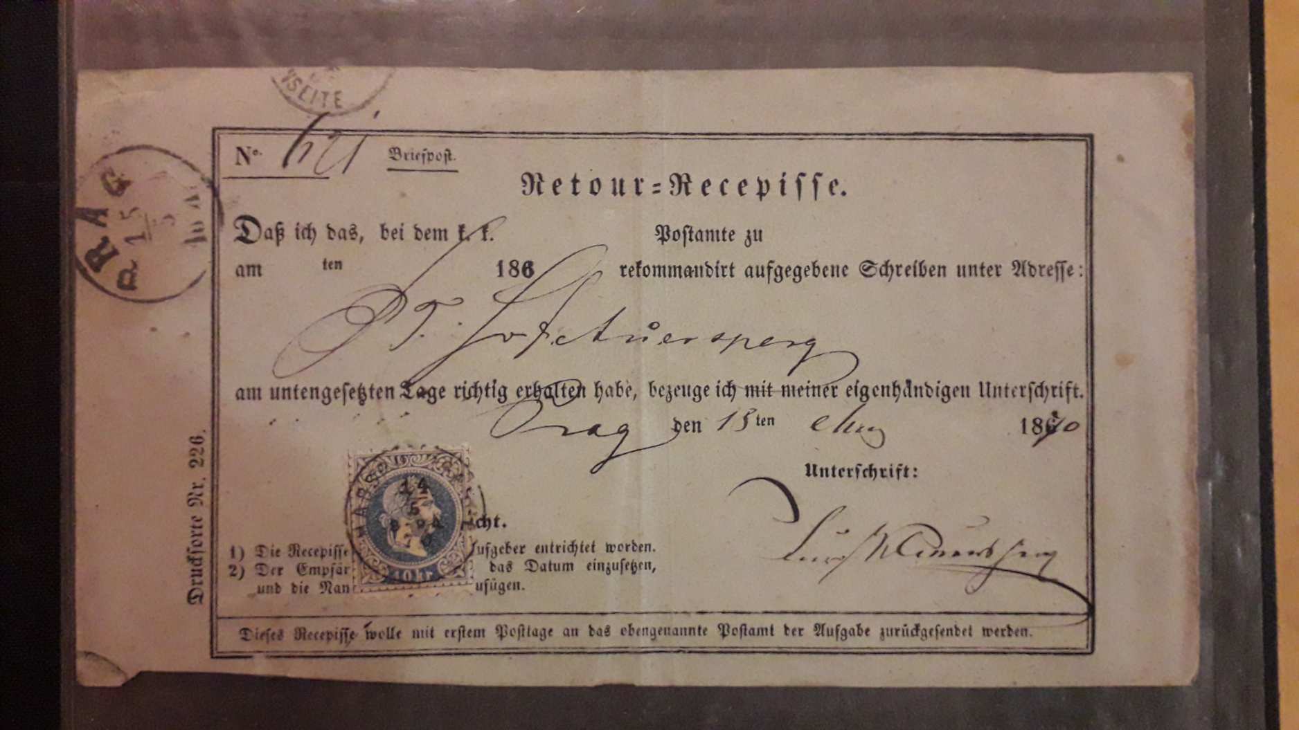 1867. Feladóvevény, Retour-Rezepisse 10kr Prag-Wien