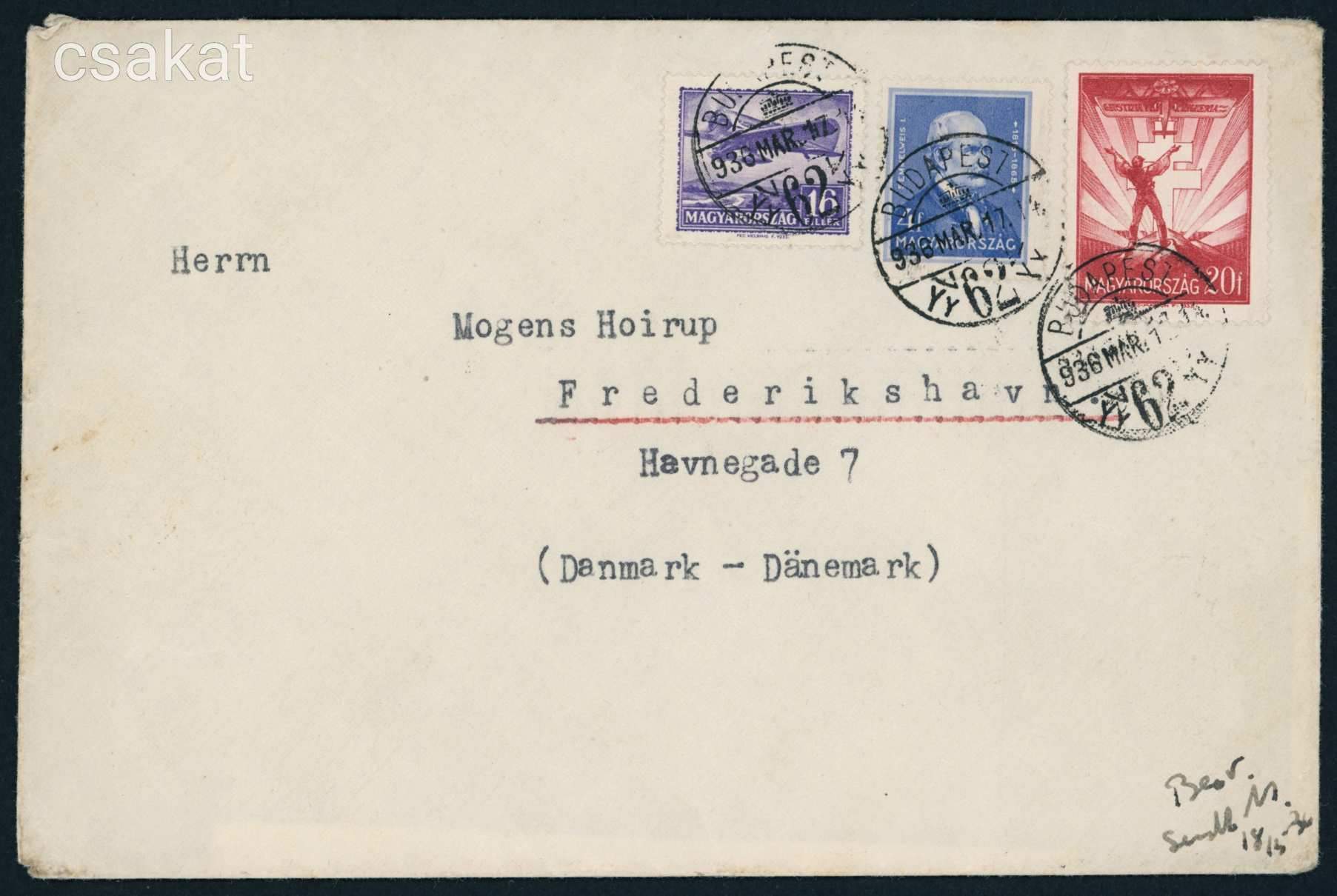1936 tarifahelyes boríték Dániába szép háromszínű vegyes díjlerovással (e39)