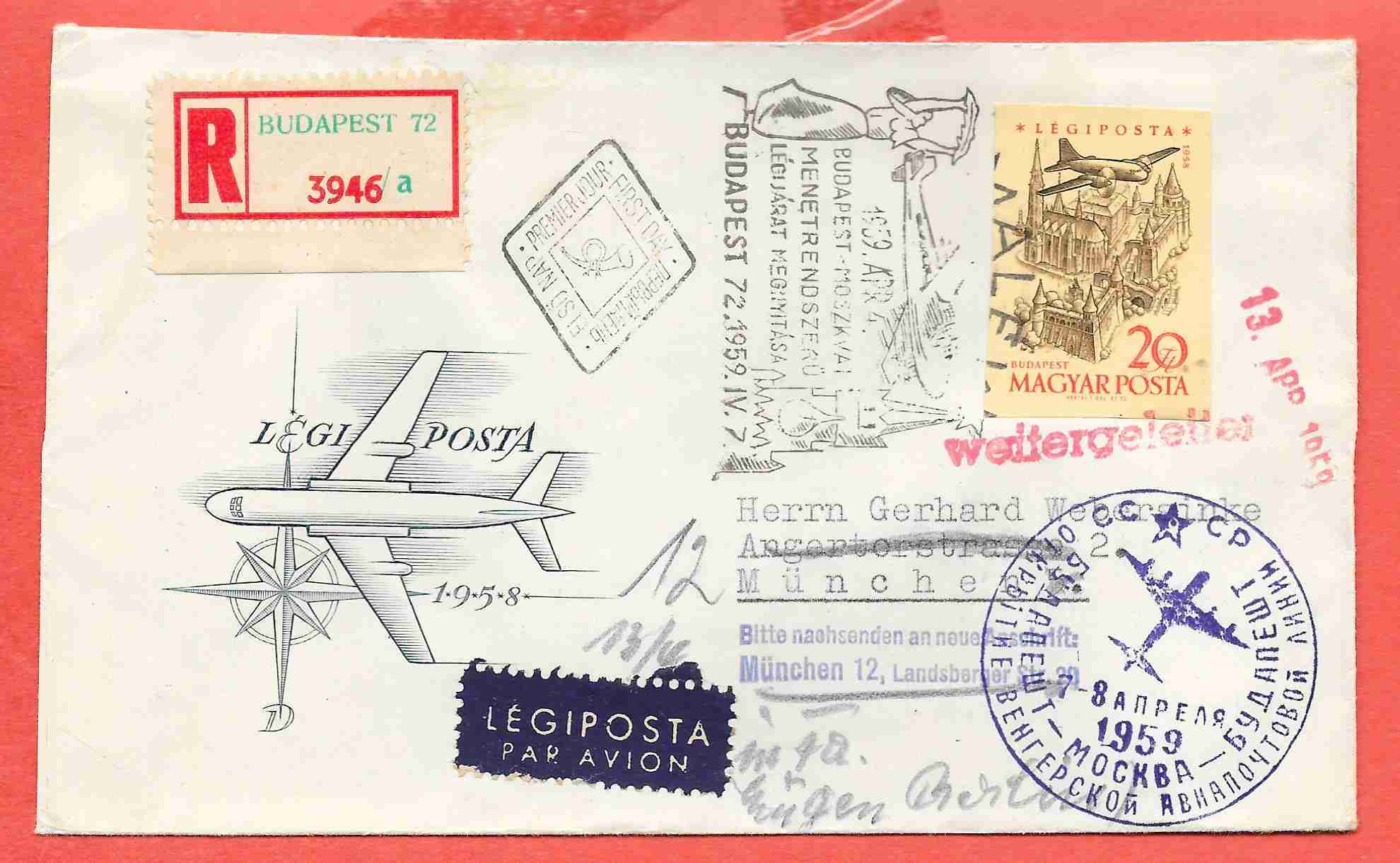 1959. Repülő 20 ft VÁGOTT bélyeg ajl. futott FDC Németországba  ( ? )