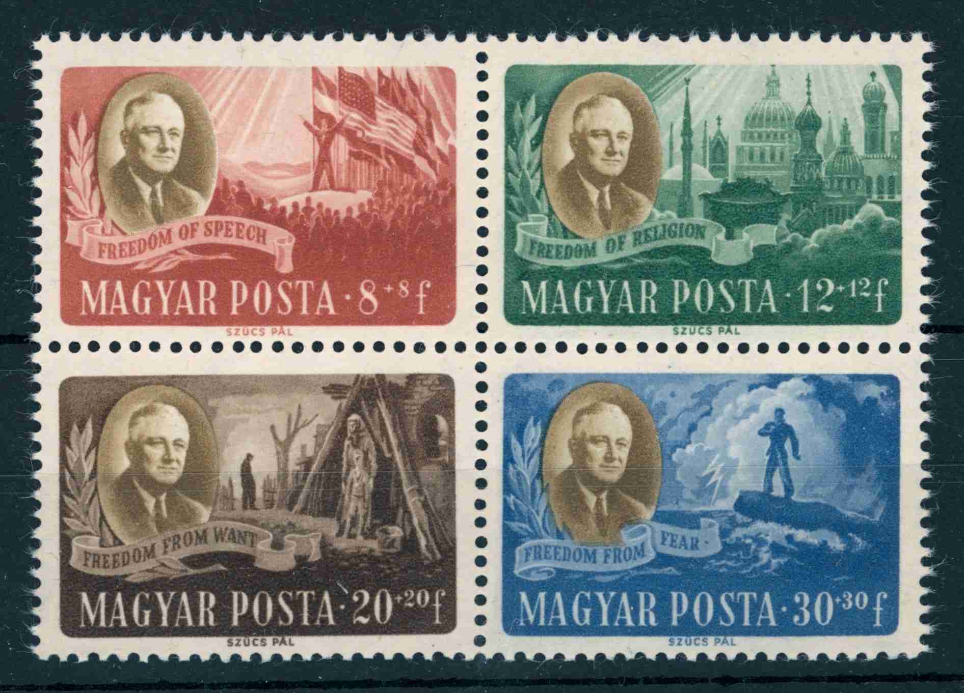 1947 Roosevelt postatiszta blokkbol kitepett negyes-tomb PHu 15000 Ft e74