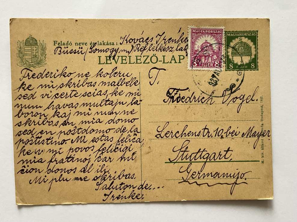1926 dijjegyes levelezőlap 8f +8f Büssü Stuttgart eszperanto nyelven ritka