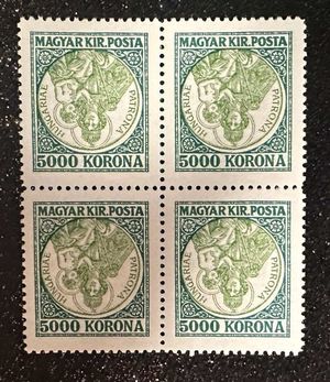 1921 FORDITOTT KORONÁS MADONNA BÉLYEG TÉVNYOMAT -ÚJNYOMAT- 4-ES TÖMB