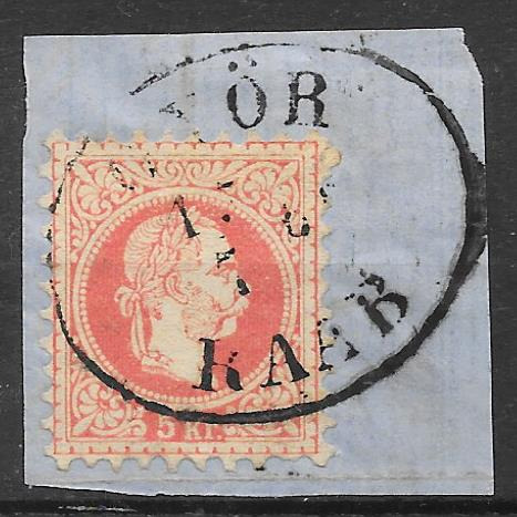 1867. 5 kr bélyeg kivágáson "GYŐR-RAAB 69/7/17" OVÁLIS BÉLYEGZÉSSEL