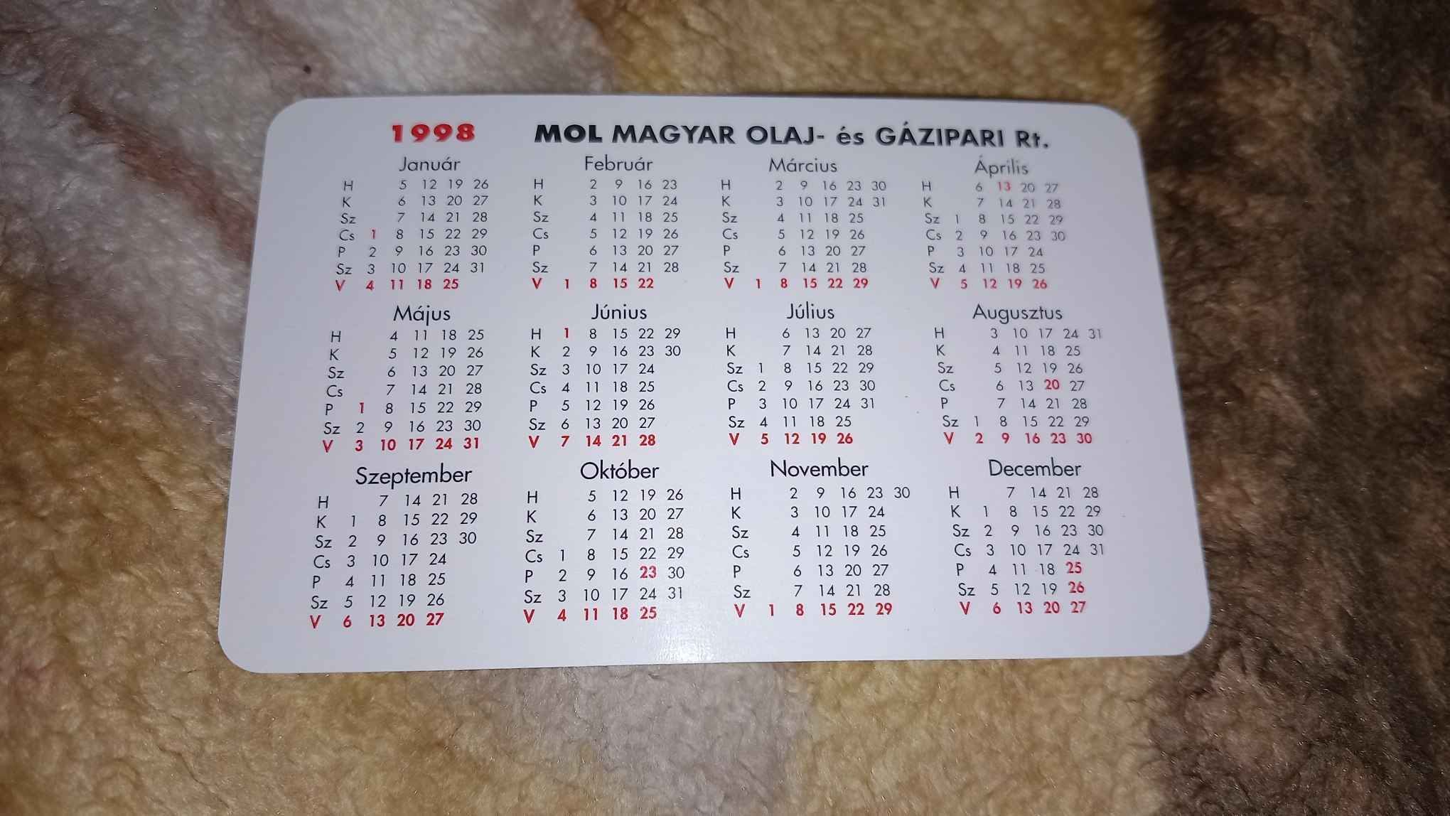 1998 - MOL Rt. kártyanaptár