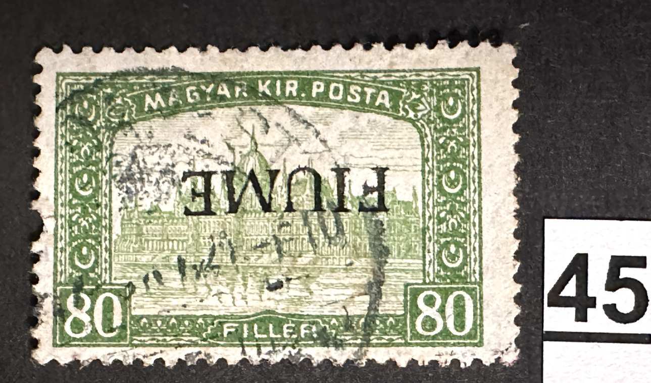 MAGYARORSZÁG 1918 FIUME OLASZ MEGSZÁLLÁS PARLAMENT 80 FILLÉR FORDÍTOTT TVNY.  BÉLYEG