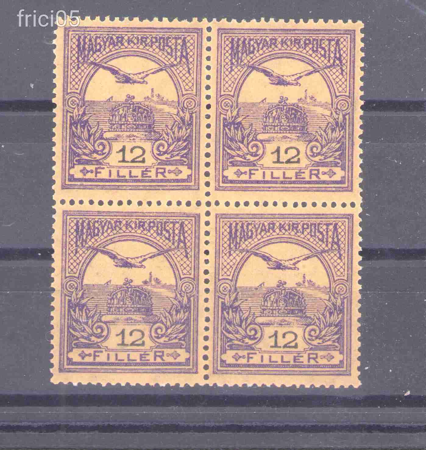 1913, Turul 12 fillér, postatiszta bélyeg,   VII A vj, négyes tömb,  benne 1 db II-es tipus