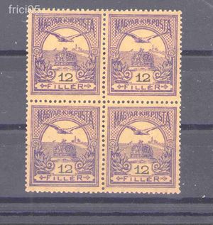 1913, Turul 12 fillér, postatiszta bélyeg, VII A vj, négyes tömb, benne 1 db II-es tipus