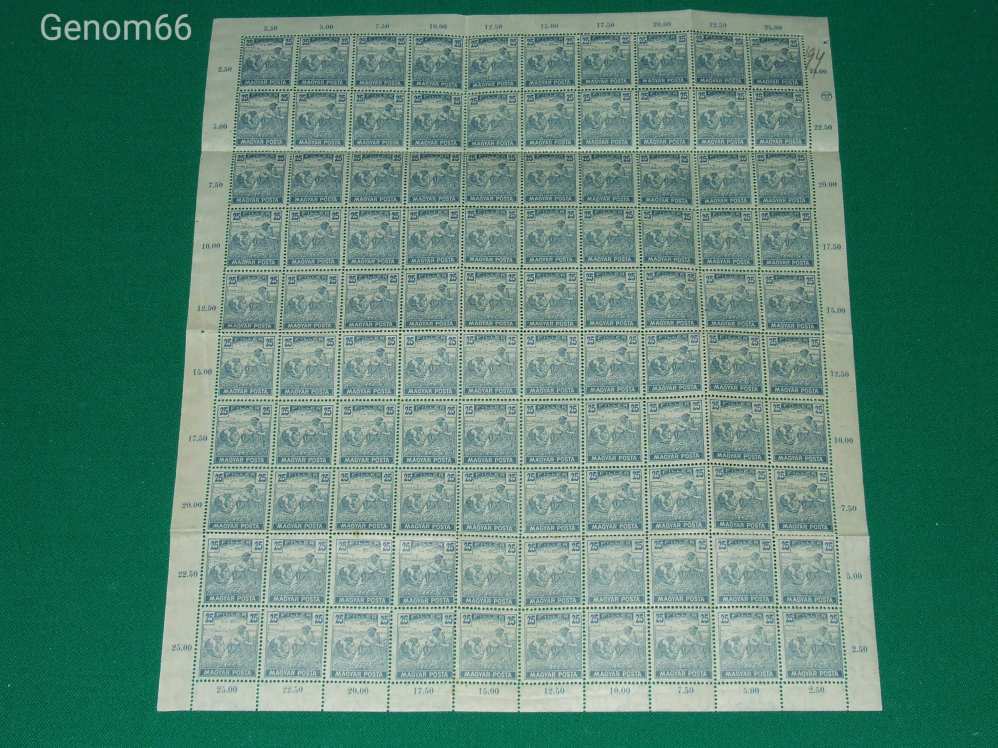 1919 Magyar Posta 25 fillér postatiszta teljes ív