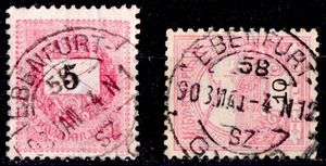 1889 feketeszámú + 1900 turul EBENFURT - GYŐR mozgóposta bélyegzés 58. számú vonal (b87)