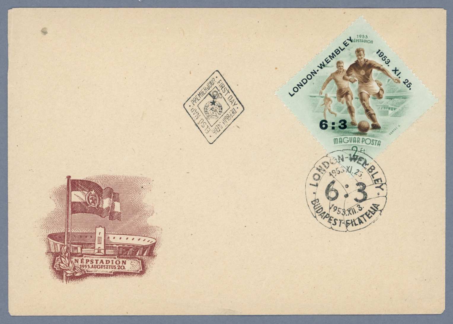 1953 LABDARÚGÁS 6:3 nem futott FDC borítékon MPIK 4.500 Ft (e80)