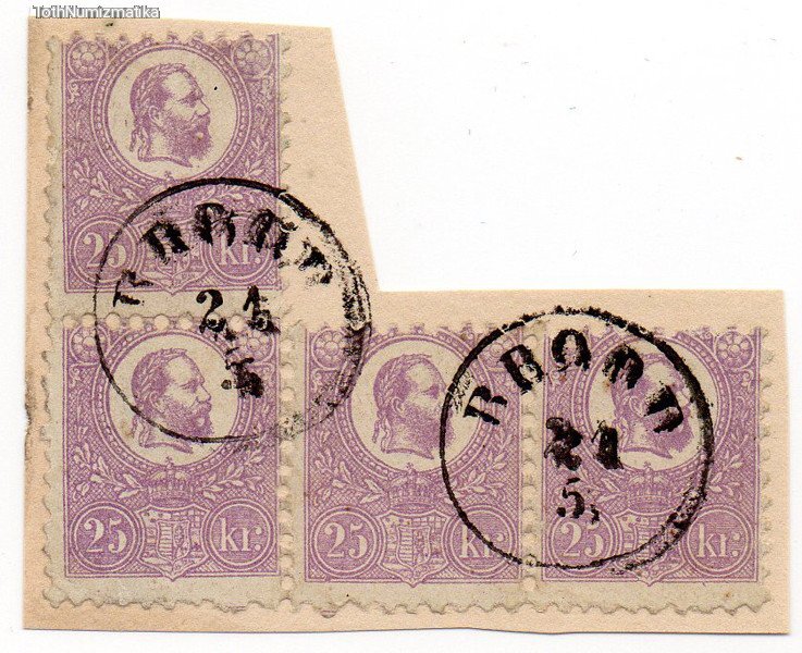 1871-es Kőnyomtatos 25 Krajcár L alakú 4-es tömb levéldarabon