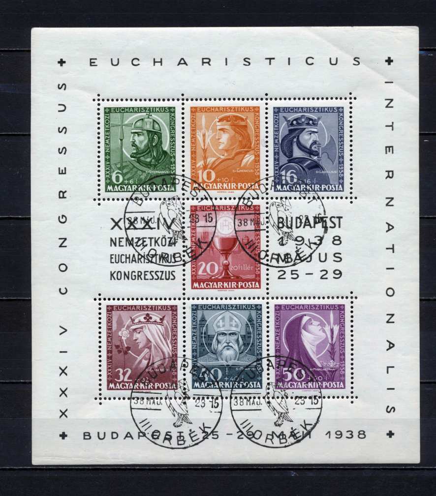 1938 Eucharisztikus blokk alkalmi bélyegzéssel saroktörés kat. 9 000 Ft