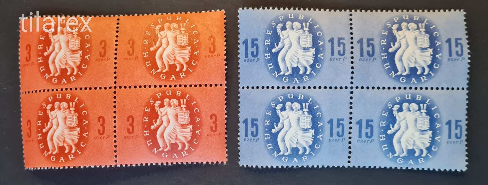 Magyar bélyeg négyestömb 1946 Köztársasági Emlék ( MPIK 924-25** 400 Ft ) négyes tömb