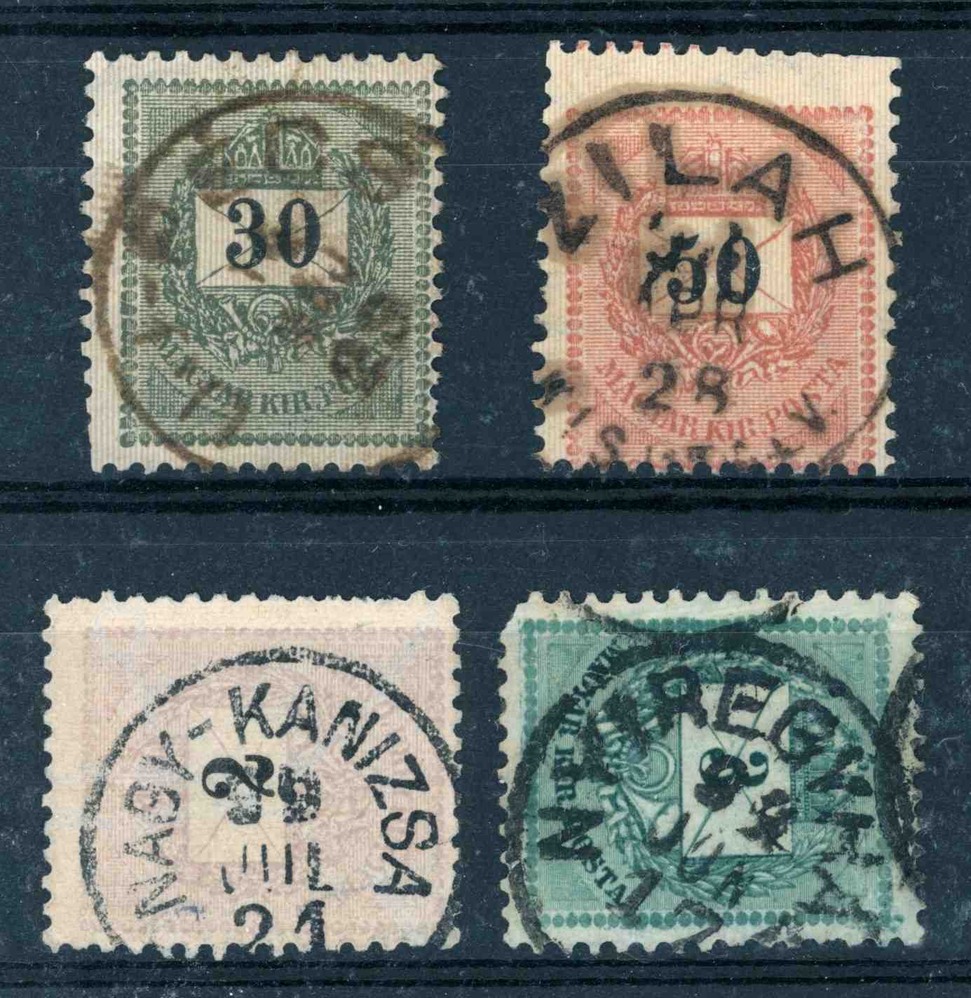 1881+ krajcáros bélyegzések UJ-PÉCS + ZILAH /KIS UTALV + NAGY-KANIZSA + NYIREGYHÁZA Gudlin 110p(e80)