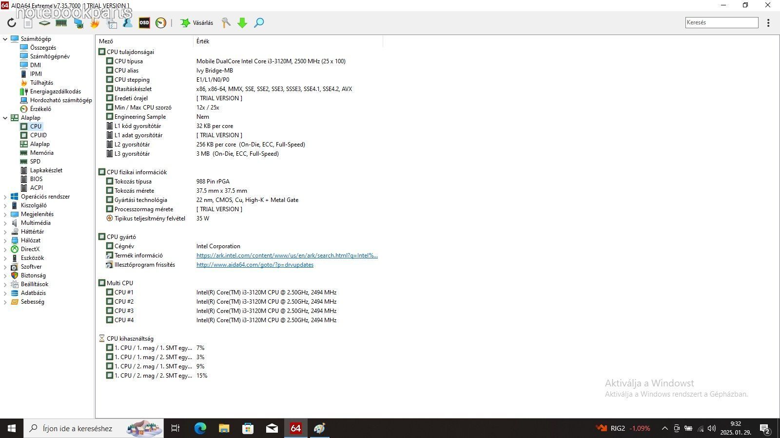 Intel Core i3-3120M 2.5GHz notebook processzor, CPU (314.)