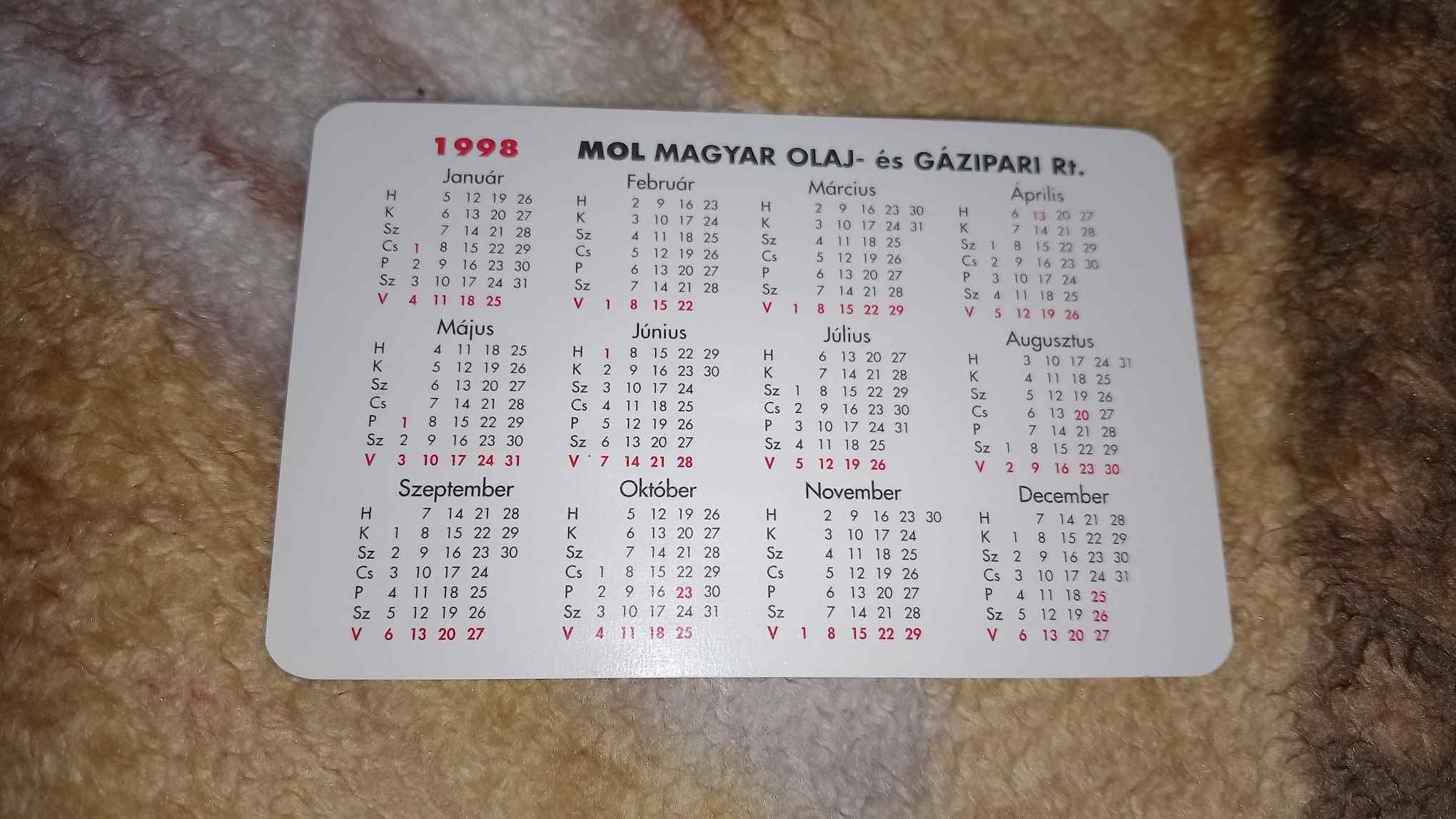 1998 - MOL Rt. kártyanaptár