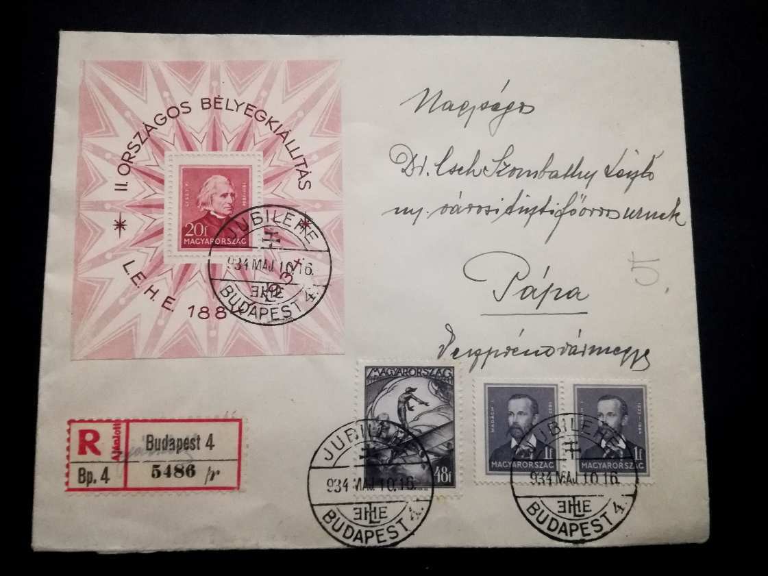 Ajánlott levél 1934 LEHE blokkal, Mi 1 "JUBILEHE / BUDAPEST - PÁPA"