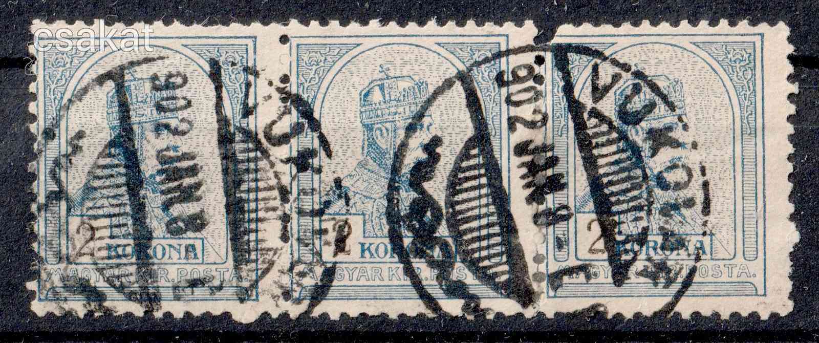1900 turul 2K pecsételt hármascsík leírás katalogus érték: 40.000 ft (d16)