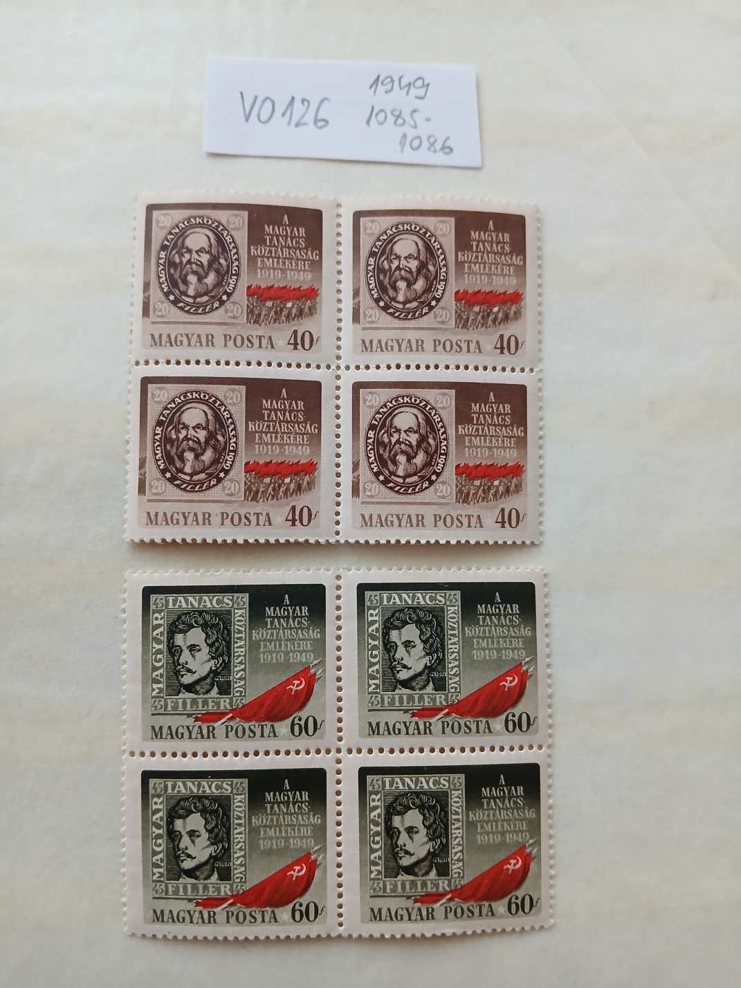 V0126 Magyar bélyeg 1949 1085-1086  postatiszta 4-es ív  - kat.ár 1200 HUF  