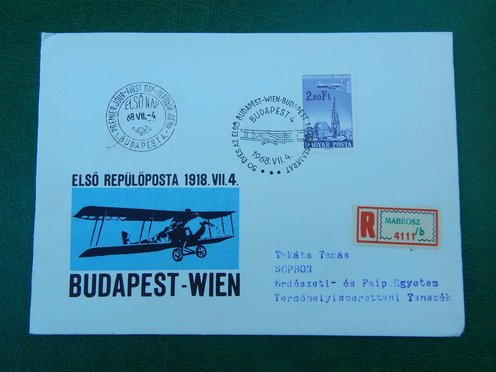 ajánlott ragjegyes FDC 1968. Az első repülőposta: Budapest-Wien 1918. évfordulójára