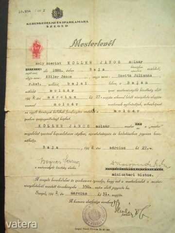 Iparkamarai Mesterlevél-molnáré-Baja 1942