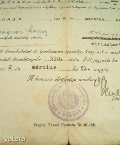 Iparkamarai Mesterlevél-molnáré-Baja 1942