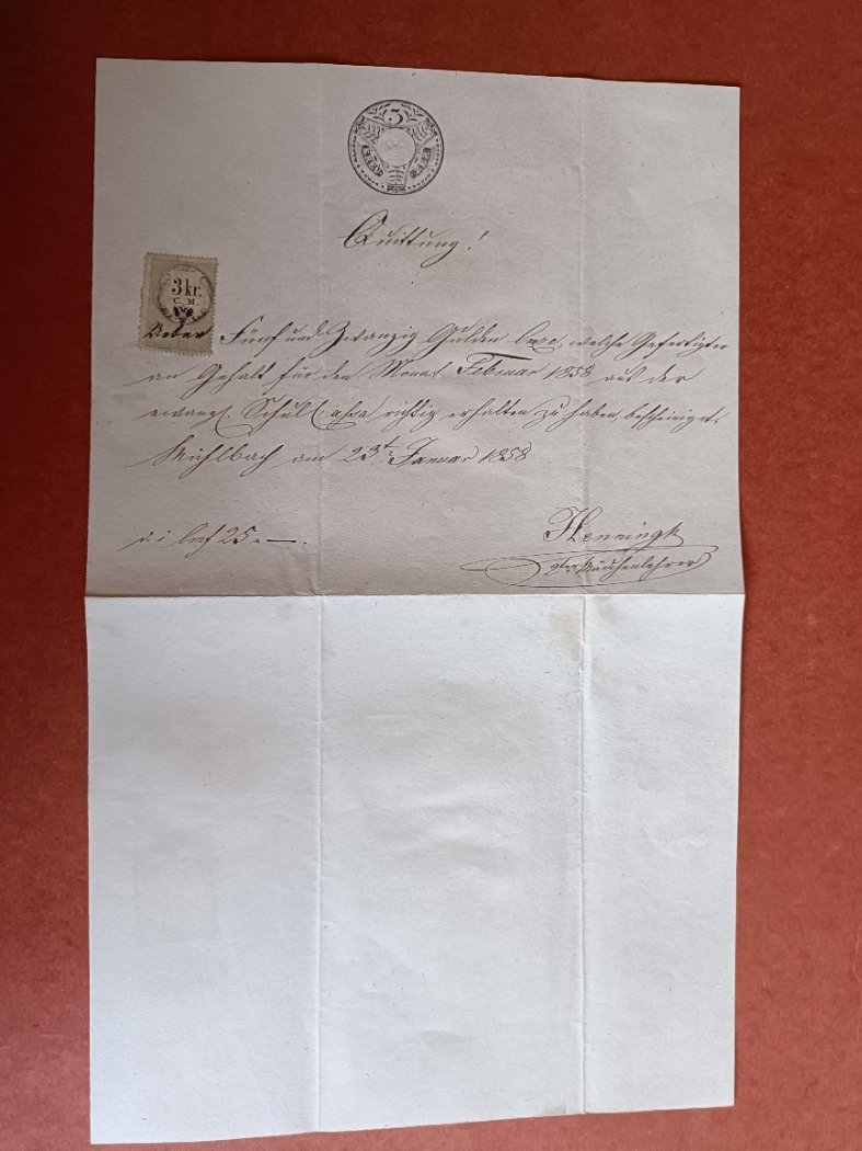 Szamla 1858 Szaszsebes (Muhlbach) 3 krajcar okirati szignettaval 3 kr C.M. belyeg