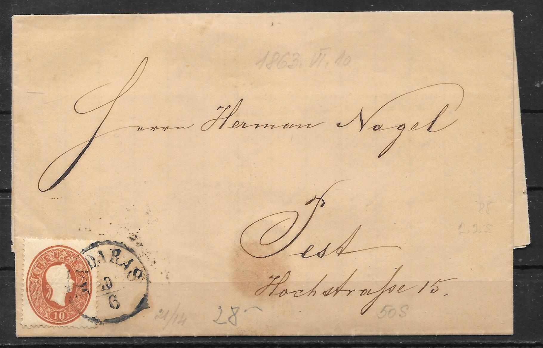 1863. 6. 10.  10 kr egyes  bérment. távolsági  levél  MADARAS-PESTH