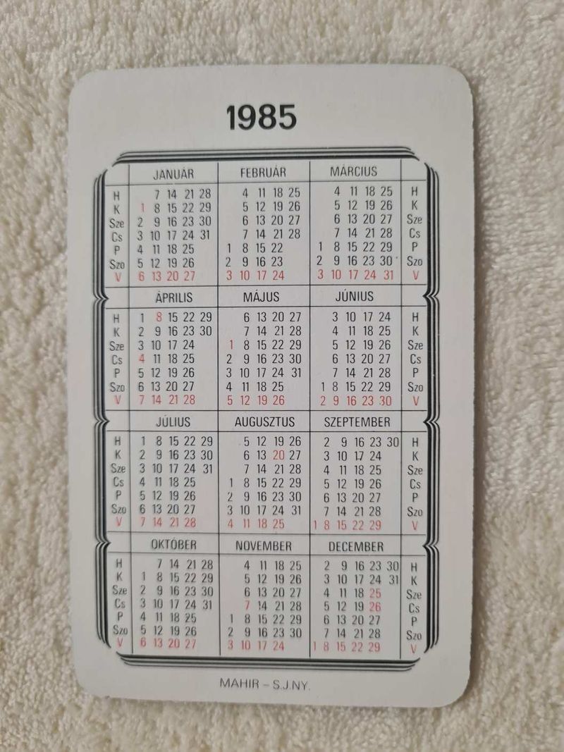Kártyanaptár Amfora 1985