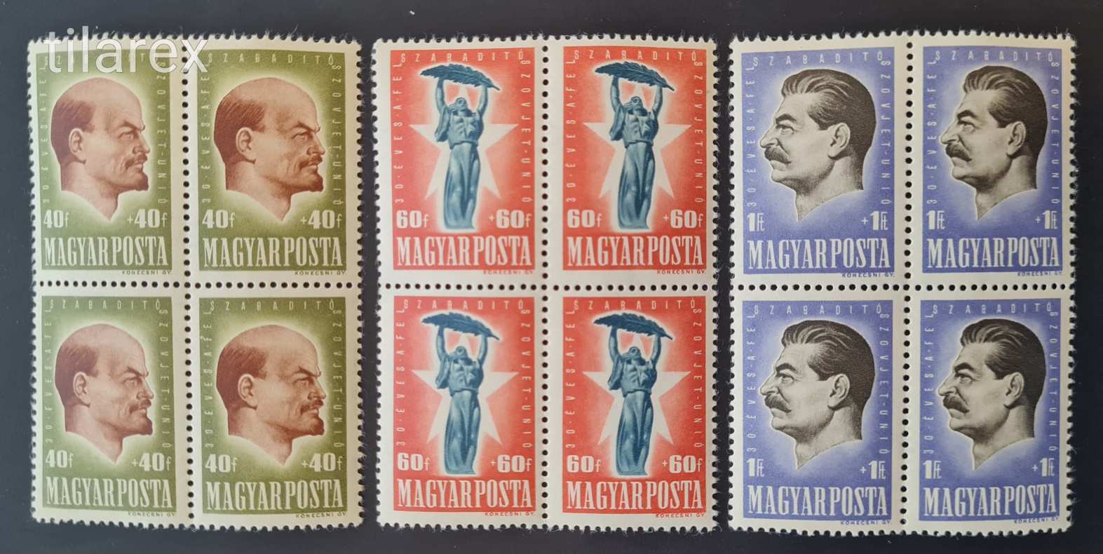 Magyar bélyeg négyestömb 1947 Harmincéves A Szovjetunió ( MBK 1042-44** 16.000 Ft ) Lenin négyes