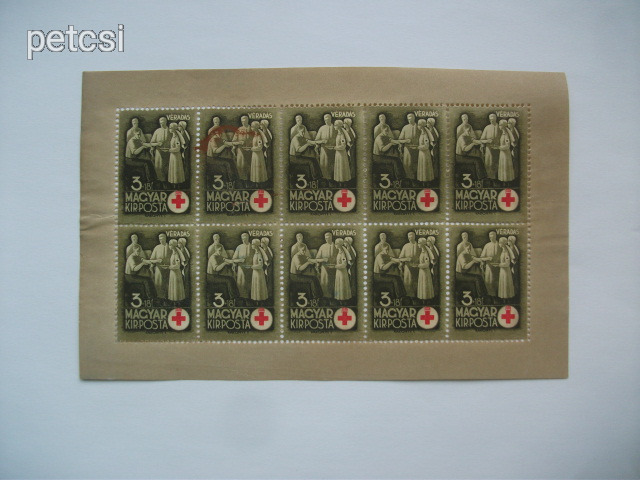Magyar bélyeg / kisív vöröskereszt I. 3+18 f kisív 1942