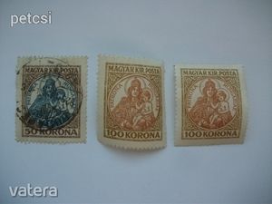 Magyar bélyeg koronás madonna hármas lyukkal 50 korona / 100 korona 1921-1925 3 db